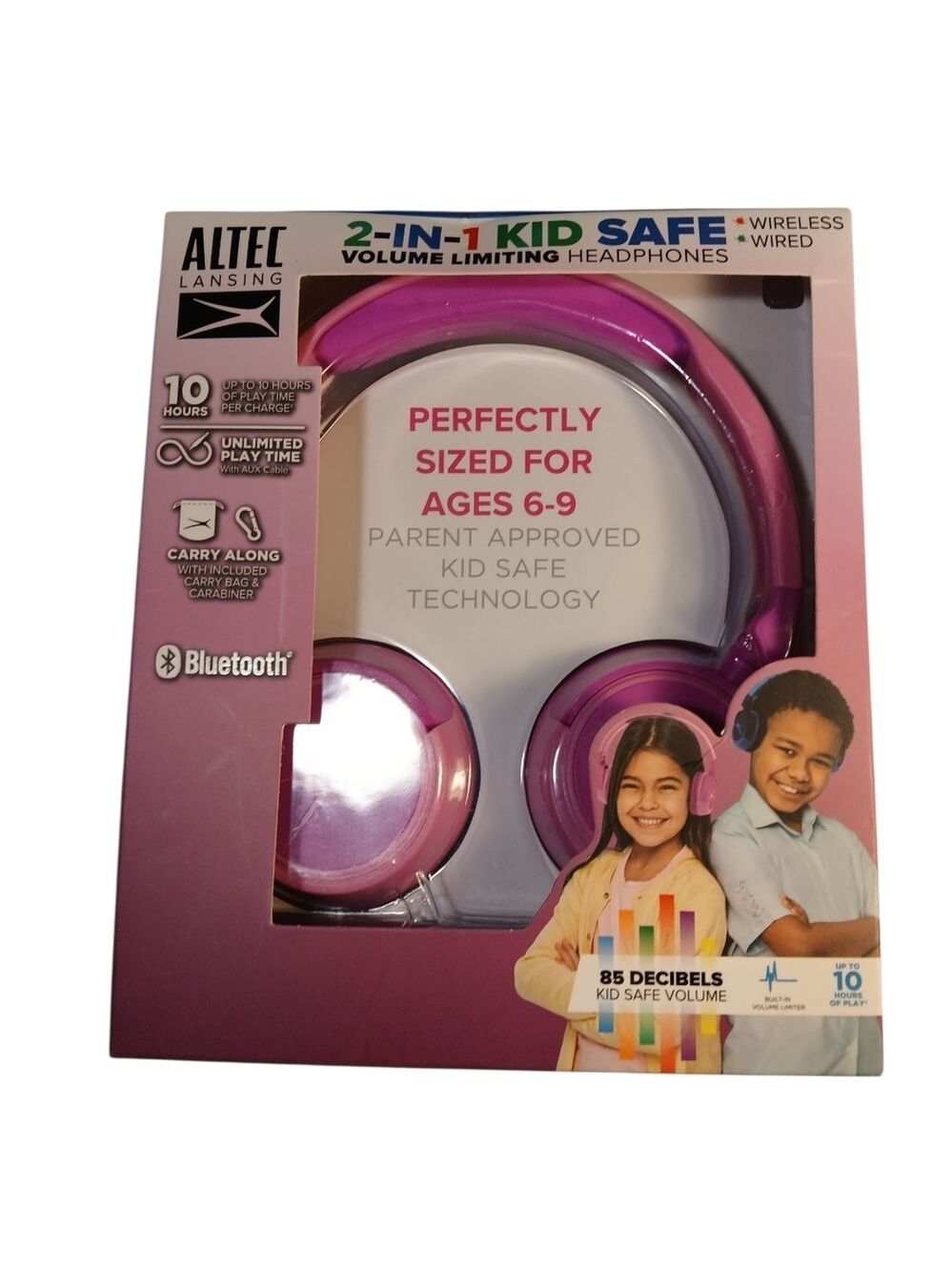 NIB Altec Lansing Kid Safe 2-in-1 Bluetooth Wireless Headphones - Princess Pink